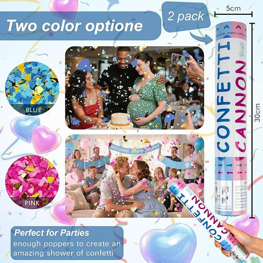 2 Pack Gender Reveal Confetti Cannon, 12 in Blue Heart shaped Paper Party Poppers Cannons, Confetti Poppers For Baby Boy Girl Gender Reveal Baby Showers (Heart, Blue)
