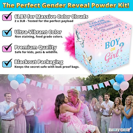 Gender Reveal Powder – 6 lbs, Blackout Bags, Vibrant Pink & Blue Powder for Tire Burnout Color, Exhaust Smoke & Shooting Targets. Baby Boy or Girl Party Kit, 2 x 3LB + Gender Reveal Idea Guide