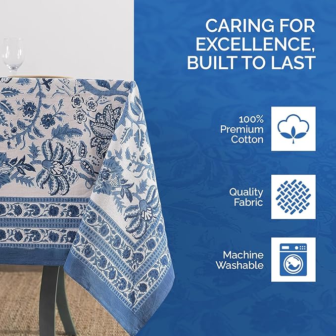 Labhanshi Indian Handblock Print Table Cloth|Ethnic Rectangle 72x108 Inch Floral Cotton 8-Seater Spring Easter Table Cover for Kitchen Dining Table Buffet Outdoor Tea Parties and Camping|Blue