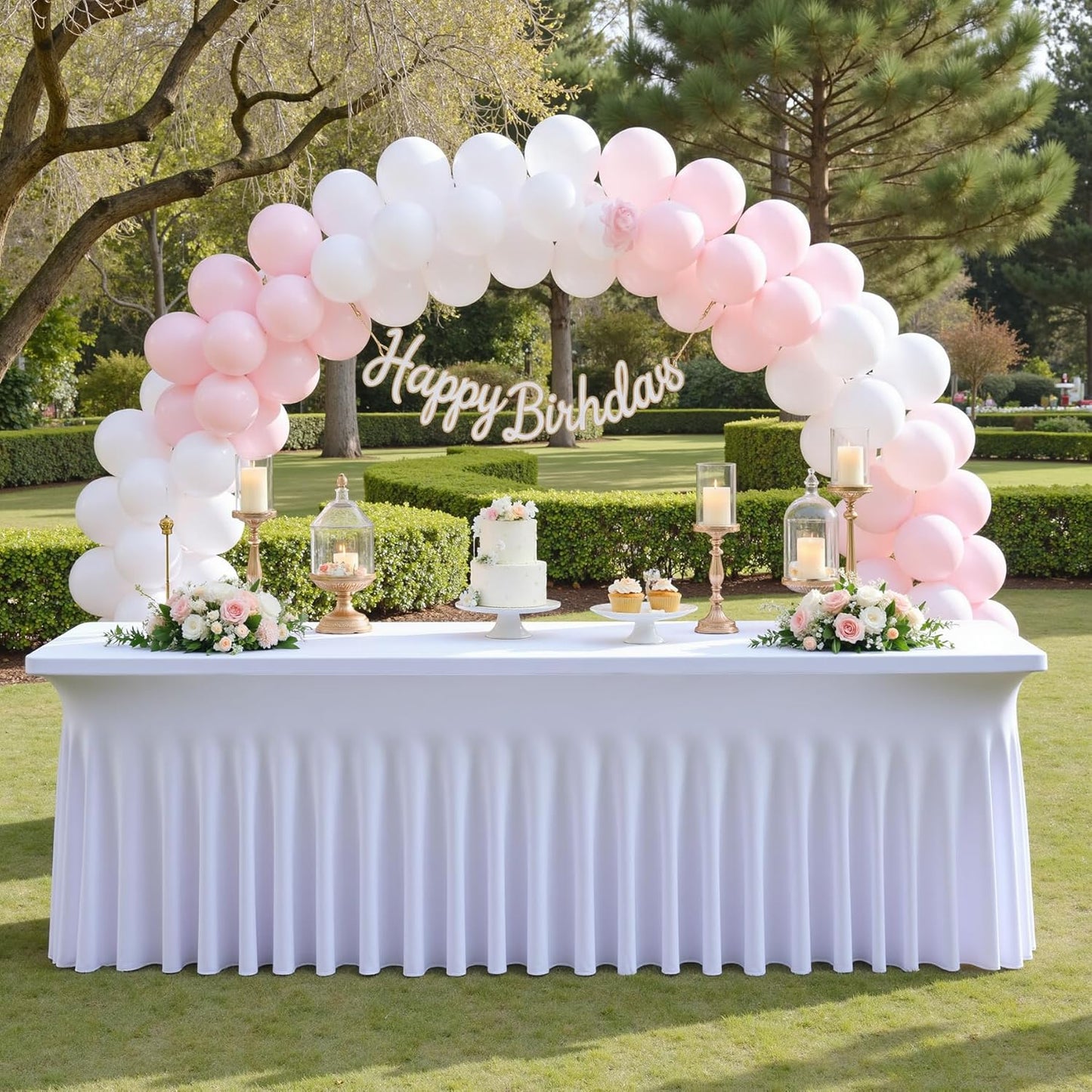 4 pk White Spandex Table Cloth Rectangle 8ft with Ruffle Skirt,Wrinkle Free High-Stretch Fitted Tablecloths for 8 Foot Rectangle Tables,Elastic Spandex Table Covers 8 ft for Parties Weddings Banquet