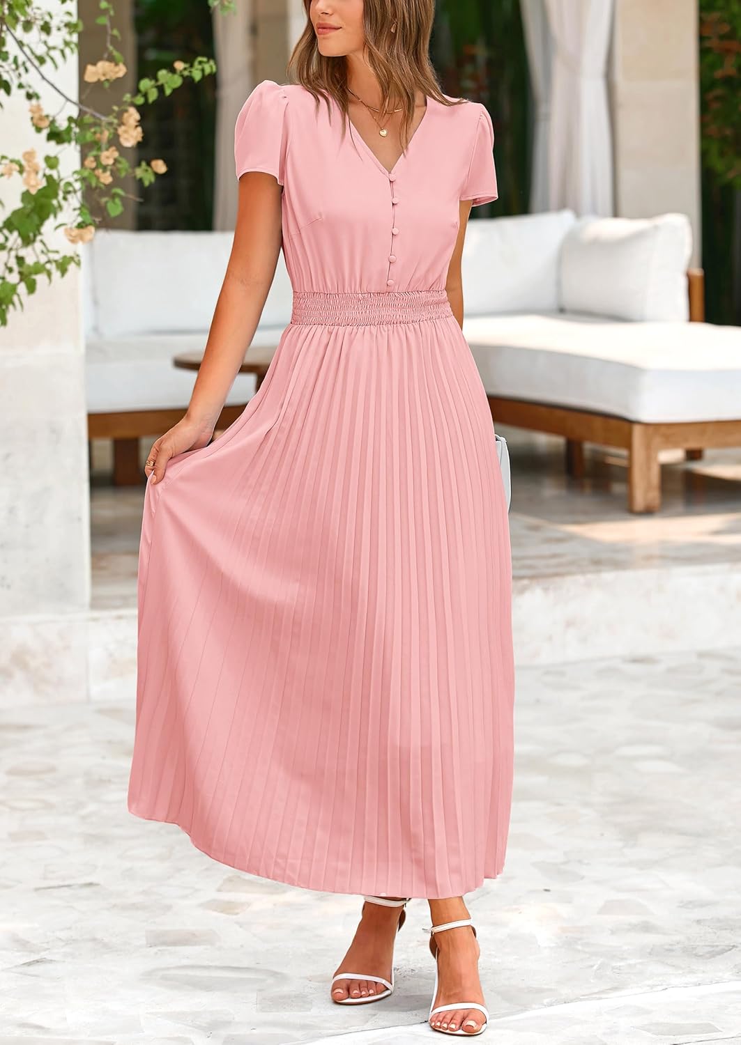 PRETTYGARDEN Women's Maxi Dresses 2025 Summer Trendy Cap Short Sleeve Button V Neck Casual Flowy Pleated Long Dress