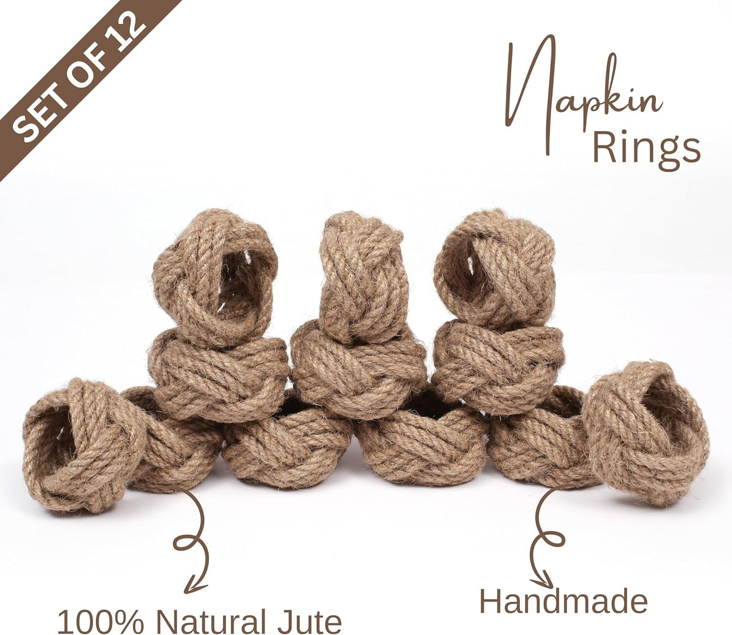 Lightnpro Jute Napkin Rings Set of 12, Classic Hand Woven Napkin Holders, Decorative Serviette Ring, Christmas Party Decoration, Everyday, Family Gatherings - Set Your Table with Style - Natural