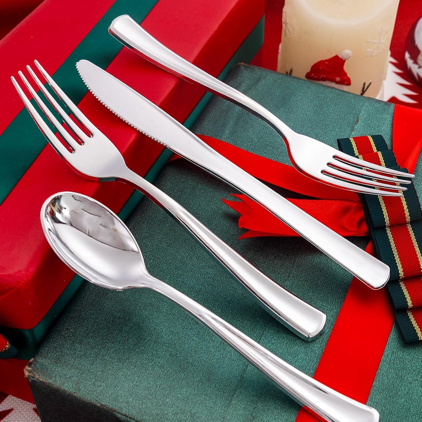 Liacere 200Pcs Silver Plastic Cutlery - Silver Plastic Silverware- Disposable Silverware - 100 Forks, 50 Spoons, 50 Knives Perfect for Wedding&Christmas