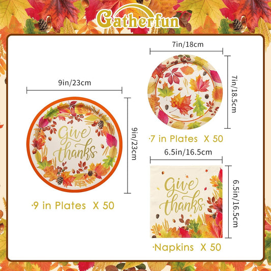 Fall theme Thanksgiving Party Supplies Kit, Serve 50, Autumn Harvest Disposable Dinnerware Includes: Paper Dinner Plates, Dessert Plates, and Napkins, Great for Thanksgiving Party Decorations