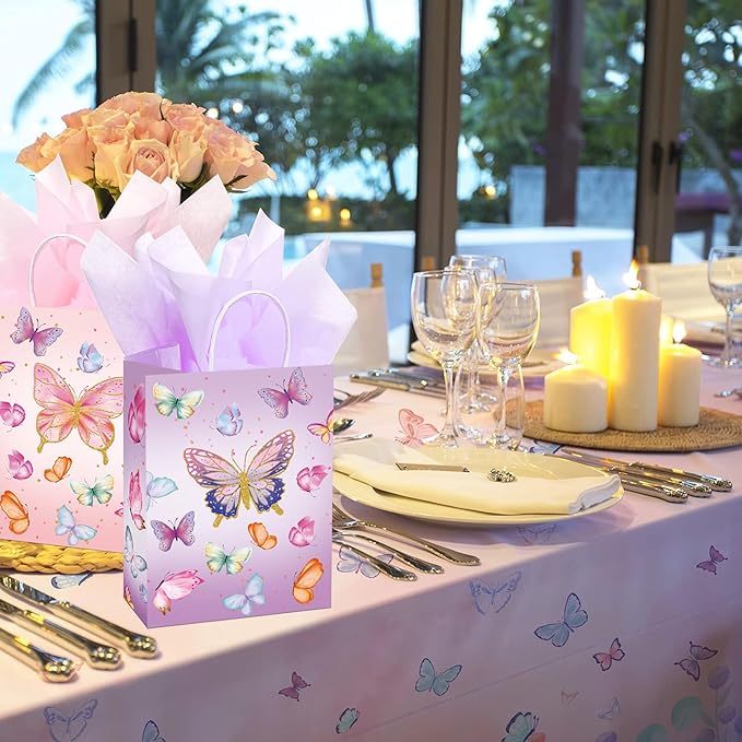 W WINTMING 16 Pcs Butterfly Gift Bags Butterflies Party Favor Bags with Tissue Paper Pink Purple Paper Goodie Bag Birthday Bag for Wedding, Birthday, Party Supplies and Gift (Butterfly)