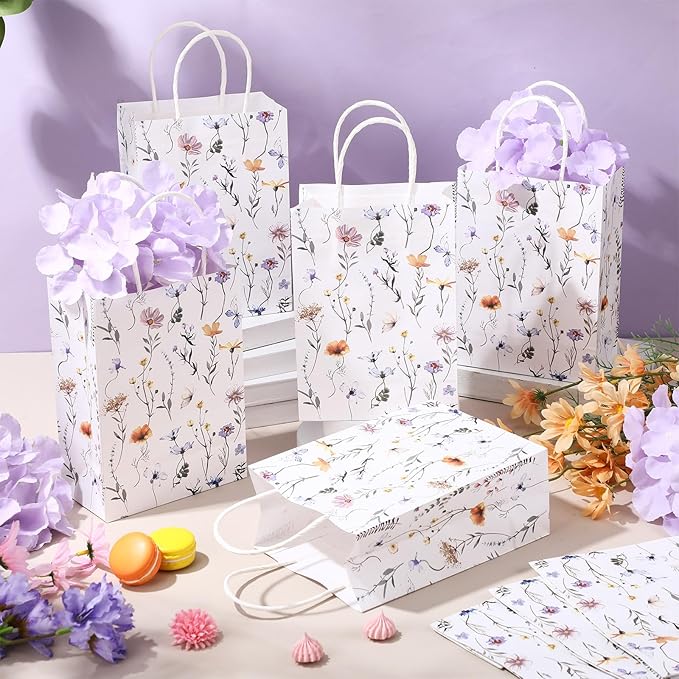 Marspark 24 Pcs Wildflower Paper Gift Bags for Wedding Bridal Baby Shower Engagement Birthday Party Supplies Floral Treat Bag with Handles Candy Goodie Bags for Guests, 8.3'' x 5.9'' x 3.1''