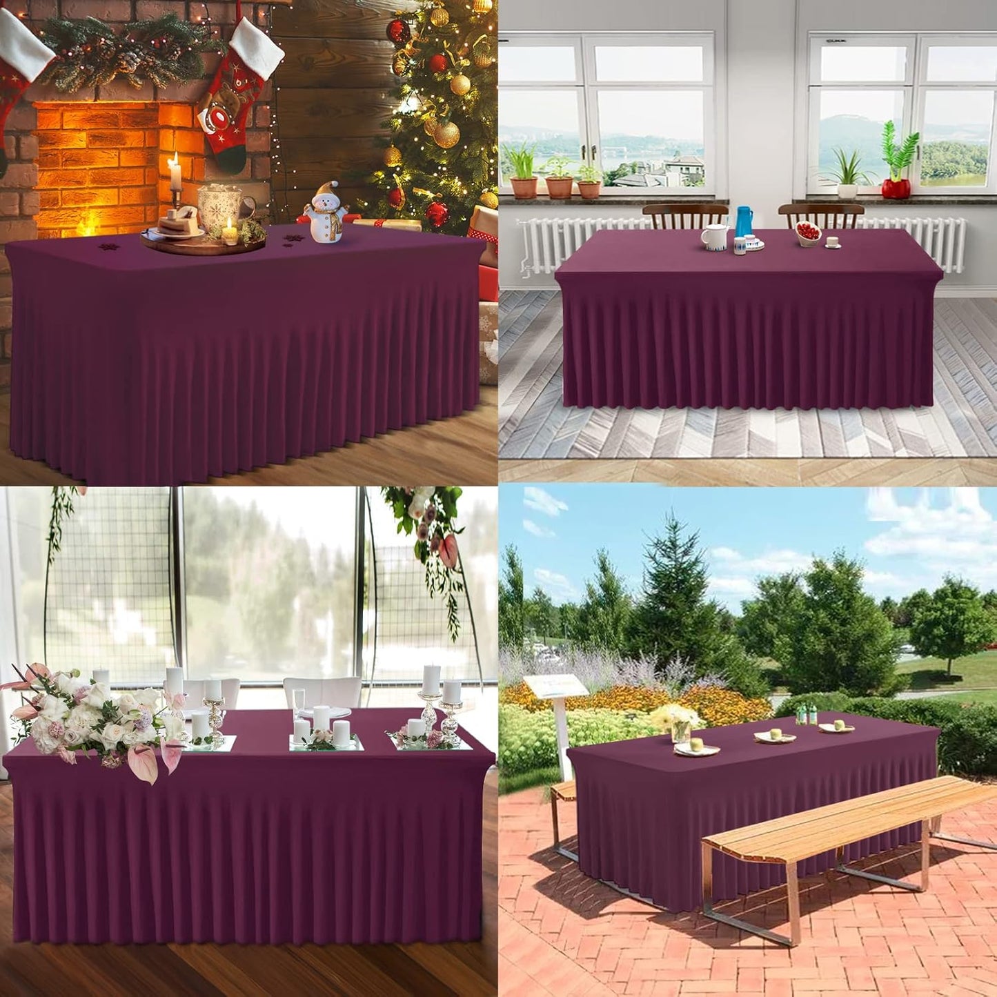Table Skirt for 4 Foot Tables - One-Piece Burgundy Tablecloths and Skirt, Wrinkle Resistant Ruffles Elastic Cover for Banquets, Weddings, Events, Parties