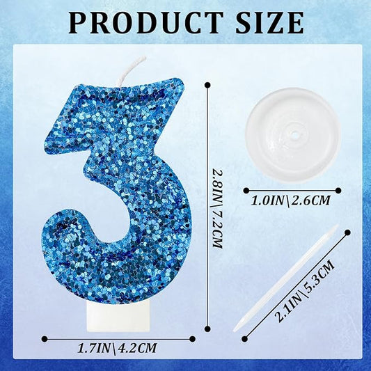 Zailo Birthday Number Candles, Glitter Number Candle Cake Decorations with Sequins, Cupcake Decorations for Girls, Women, Party Anniversary Celebrations (Number 3, Blue)