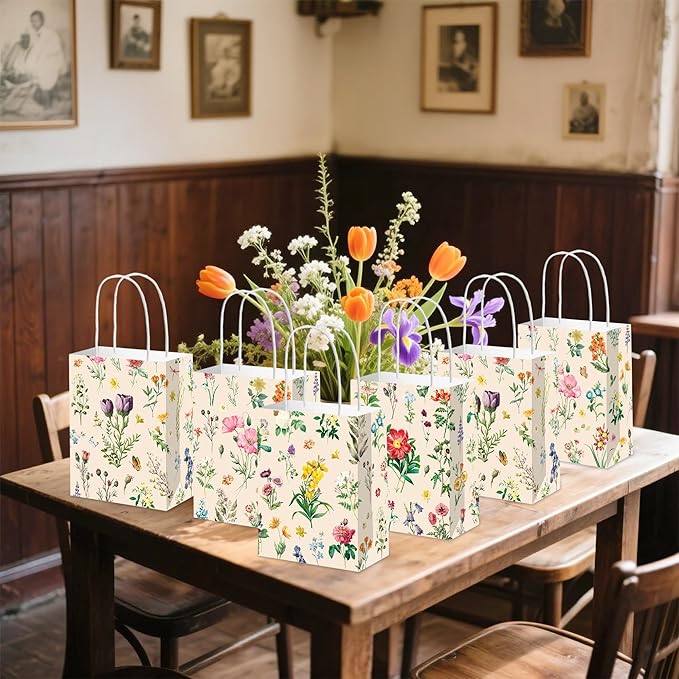 12 PCS Wildflower Party Favor Gift Bags Butterfly Floral Goodie Candy Bags Treat Boxes for Wildflower Birthday Baby Bridal Shower Wedding Party Favors Supplies