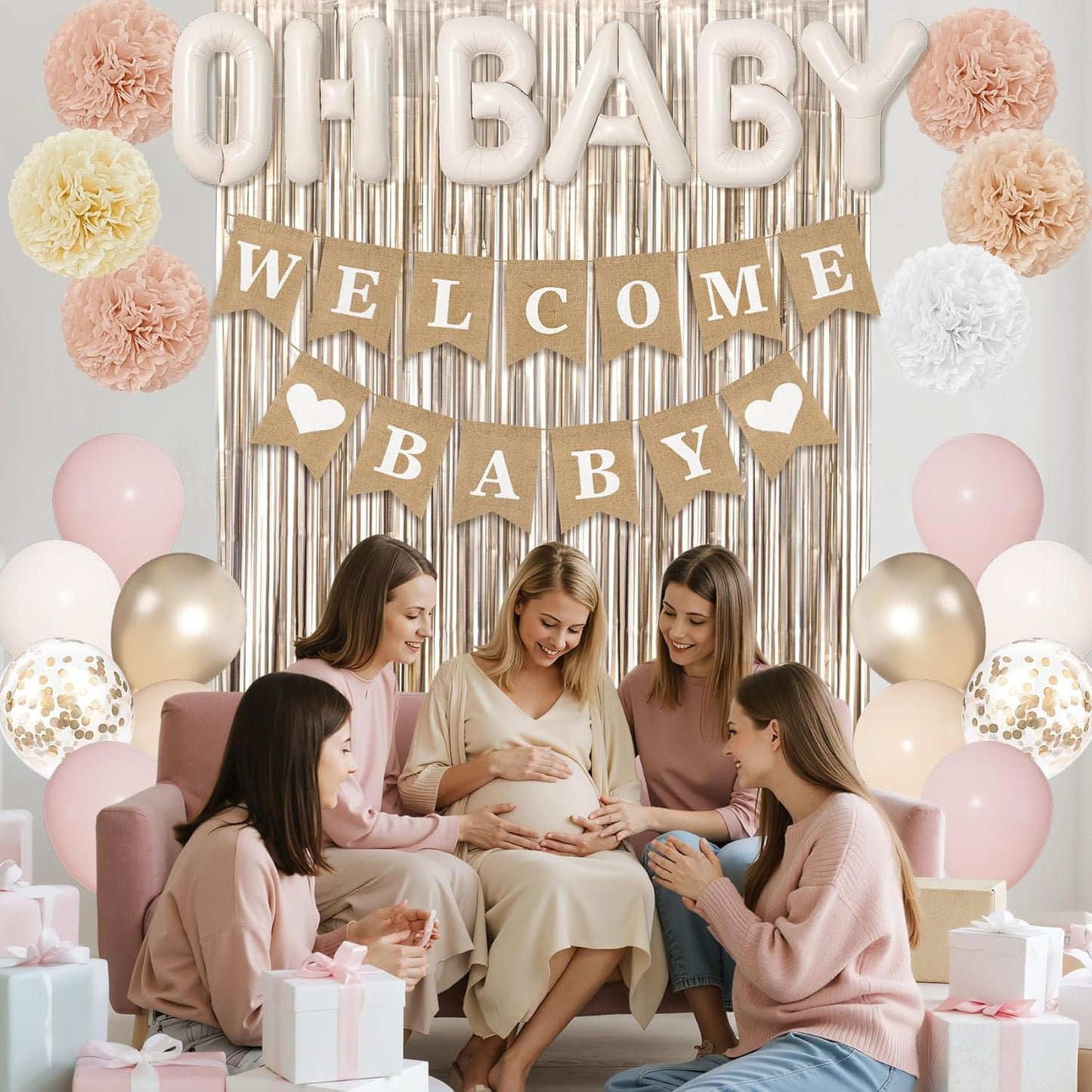 Ouddy Party Champagne Gold Boho Baby Shower Decorations for Girl with Welcome Baby Banner Dusty Pink White Nude Foil Balloons Fringe Curtain Paper Pom Poms for Baby Shower Gender Reveal Party Supplies