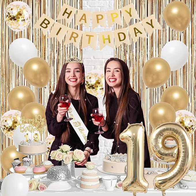 Trgowaul Happy 19th Birthday Decorations for Girls, Banner, Sash and Crown, Cake Topper, 19 Number Balloon, Fringe Curtains, Champagne Gold 19th Birthday Party Supplies