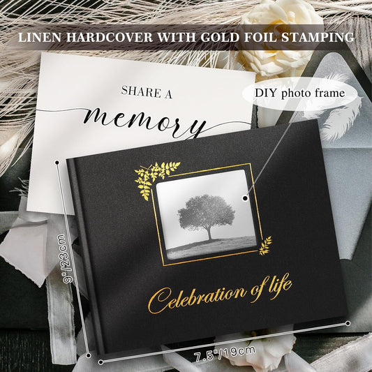 Lanpn Funeral Guest Book for Memorial Service, Linen Celebration of Life Registry Guest Book with Open Window, Memory Book for Funeral with Table Sign, Funeral Favors Sign in Books for Guests, Black
