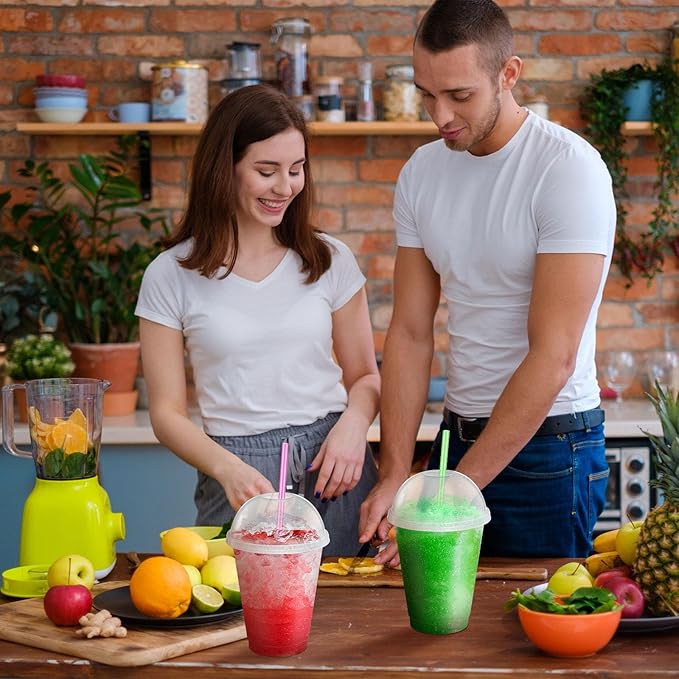 6 Set Slushie Cups with Dome Lids and Straws Detachable Spoon Straws Reusable Plastic Iced Coffee Cups Smoothie Tumbler for Birthdays Summer Party Supplies(Transparent White,16 oz)