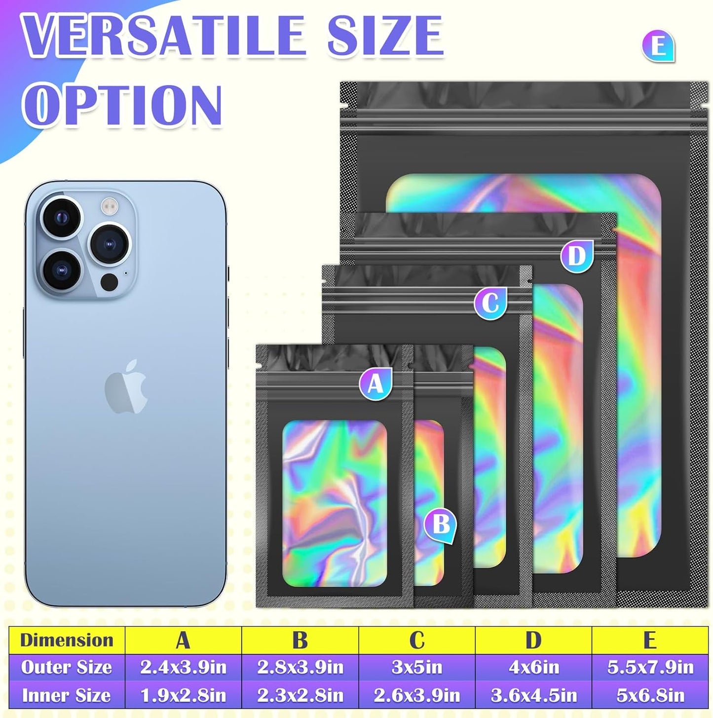 300 Pcs Mylar Bags, Smell Proof Bags Foil Pouch, Holographic Resealable Bags for Small Business, Candy Sample Jewelry Bag Sealable Packaging for Party Favor Food Storage (4x6in-Black)