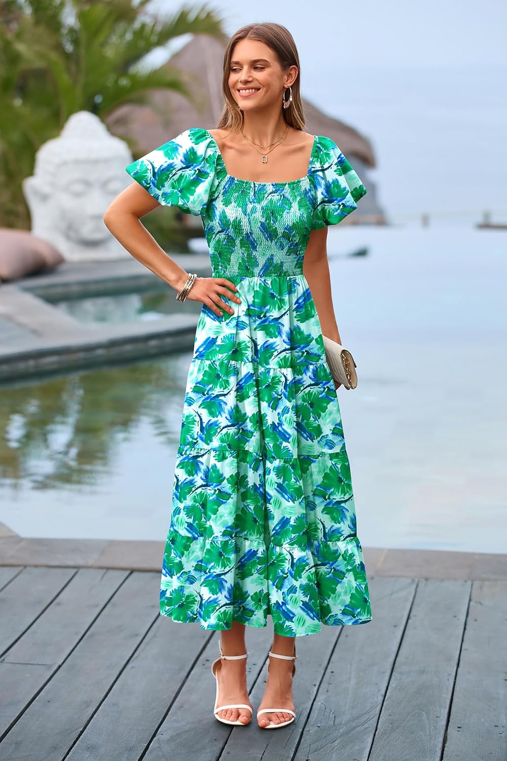 PRETTYGARDEN Women's Casual Summer Midi Dress Puffy Short Sleeve Square Neck Smocked Tiered Ruffle Dresses