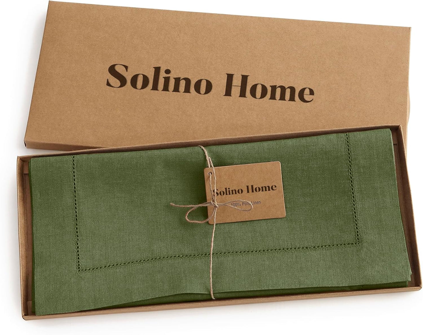 Solino Home Linen Olive Table Runner 108 Inches Long - 100% Pure Linen 14 x 108 Inch Table Runner for Fall, Autumn, Thanksgiving - Classic Hemstitch