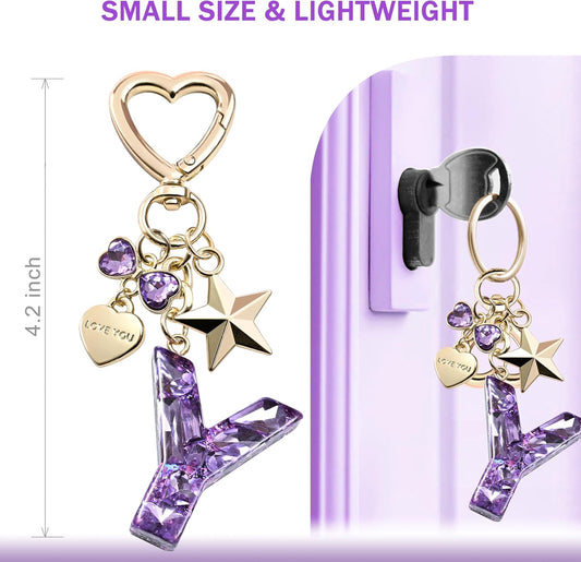 Cute Bling Keychain initial Letter Butterfly Star Pink Purple Gift for Women Girls Bag Cup Charms Accessories