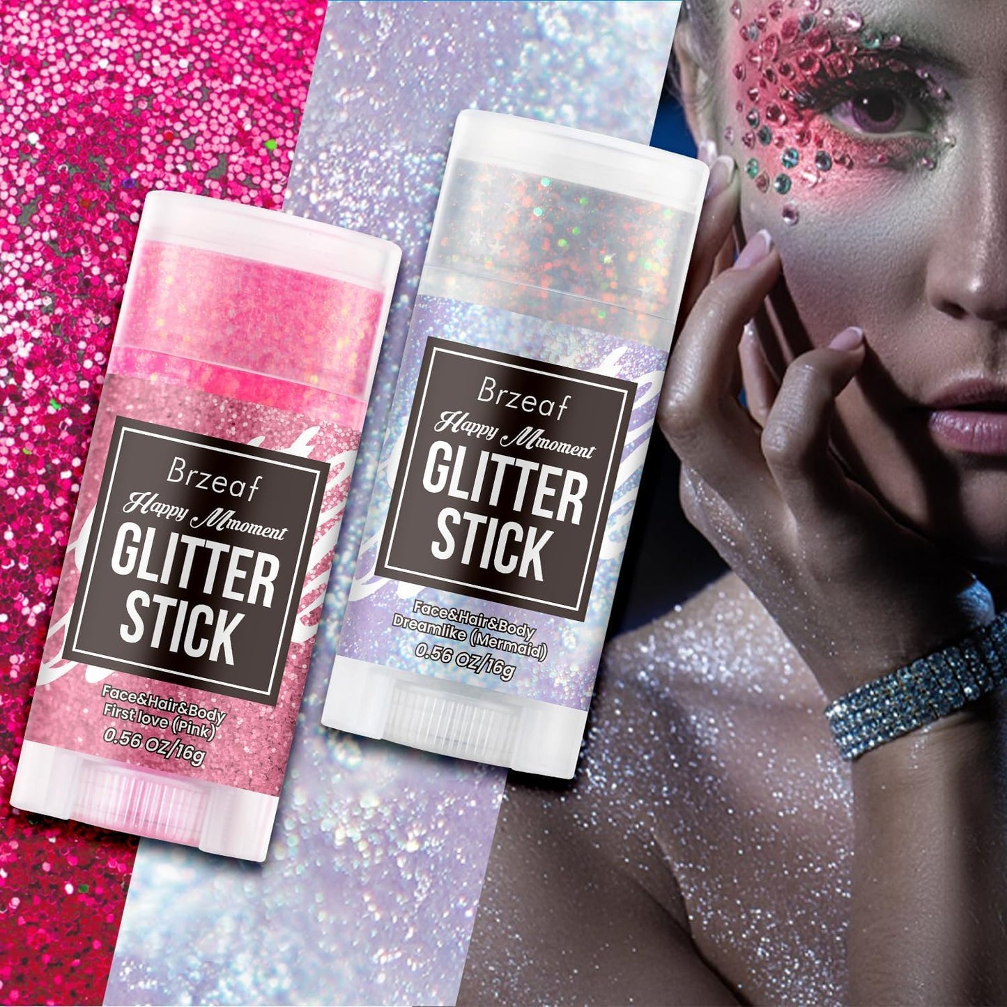 Brzeaf Waterproof Mermaid Glitter Stick, Shimmery& Long Lasting, Christmas Hair Eyeshadow Face Body Glitter, Singer Concert Music Rave Festival, Glitter Stick Makeup & Face Glitter Gel for Women Men