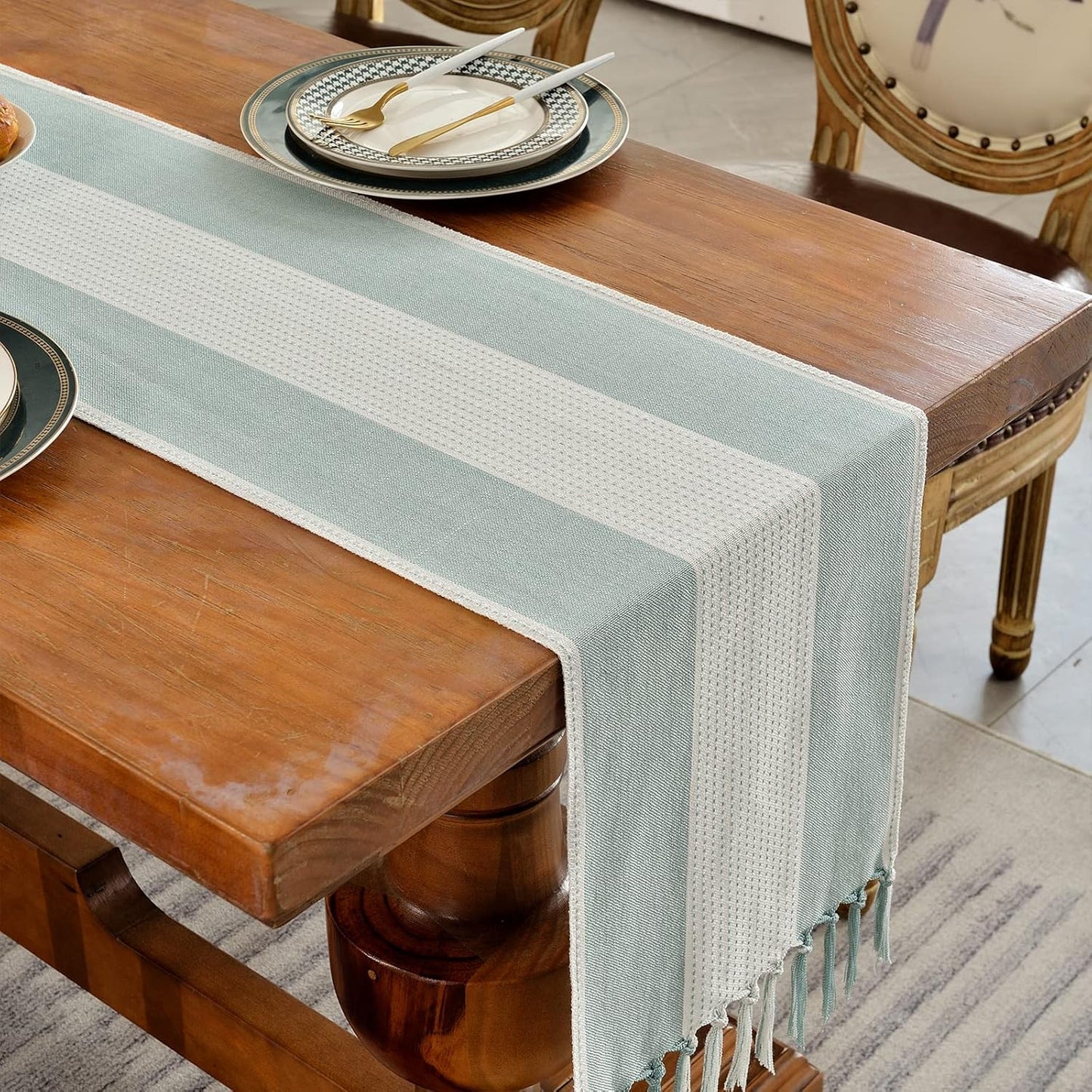 Wracra Linen Table Runner, Farmhouse Macrame Table Runners 36 Inches Long for Dining Table Decor, Wedding, Party and Dresser Decor (Aqua Blue,36")