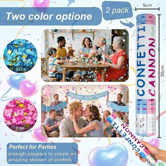 2 Pack Gender Reveal Confetti Cannon, 12 in Blue Star shaped Paper Party Poppers Cannons, Confetti Poppers For Baby Boy Girl Gender Reveal Baby Showers (Star, Blue)