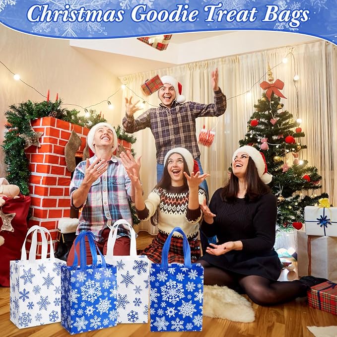 Wovnet 30 Pcs Christmas Bags Bulk Dark Blue Snowflake Winter Merchandise Gift Bags with Handles Reusable Non Woven Tote Shopping Goodie Pouch for Xmas Party Favors 10 x 8 x 4in