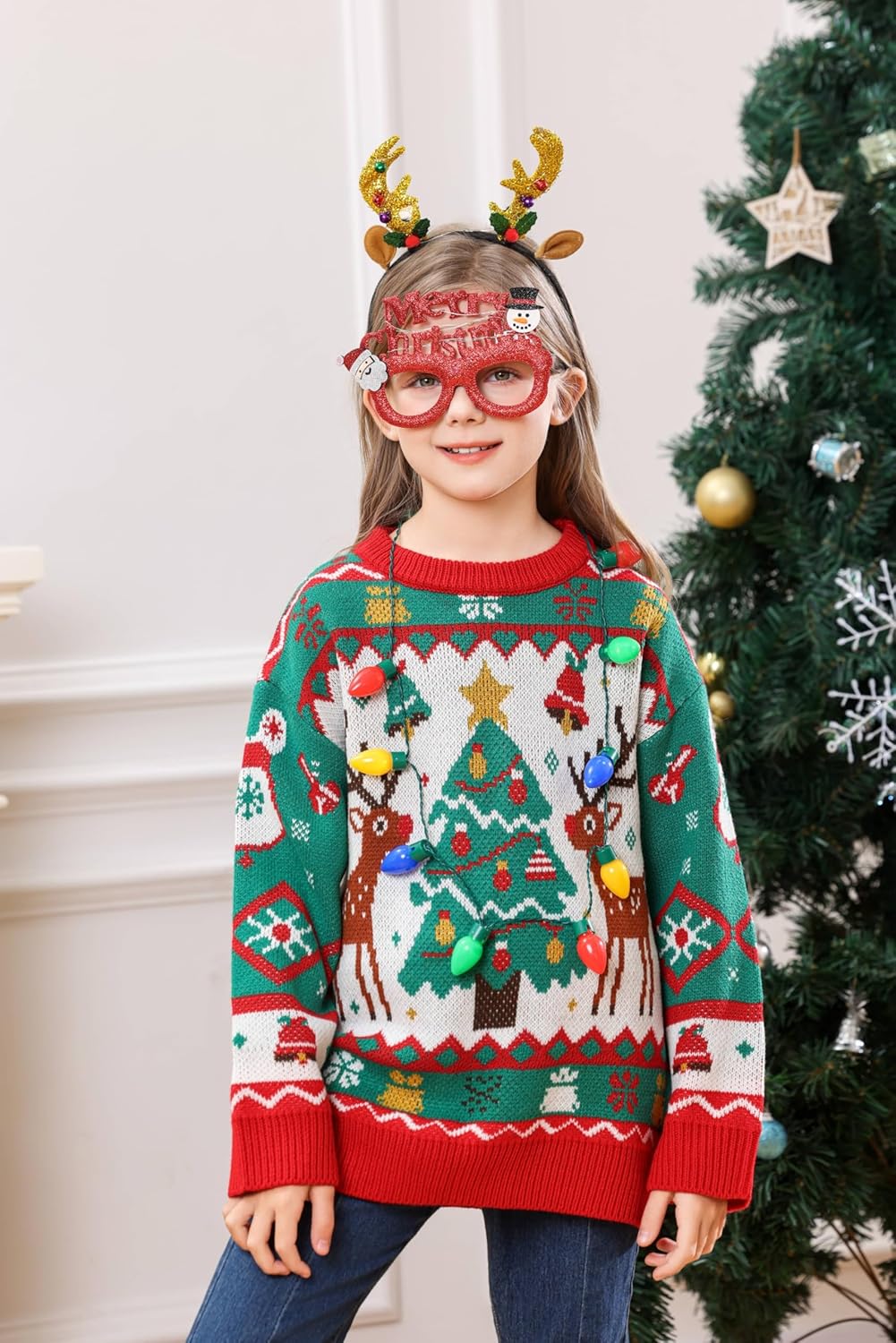 3 Pack Christmas Necklace Light Up Antlers Headband Glasses,Party Favors Accessories Stocking Stuffers