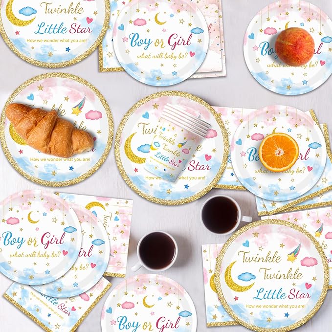 96Pcs Twinkle Twinkle Little Star Gender Reveal Party Supplies Tableware Set little Star Baby Shower Plates Napkins Forks Dinnerware for Baby Shower Decorations Girls or Boys Theme Party, 24 Guests