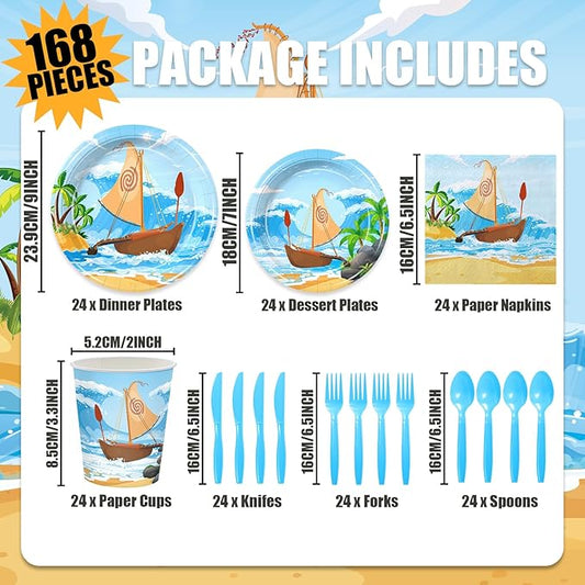 168Pcs Ocean Girl Party Decorations Cartoon Party Supplies Hawaiian Theme Birthday Decorations Paper Plates and Napkins Cups Tableware Set for Girls Boys