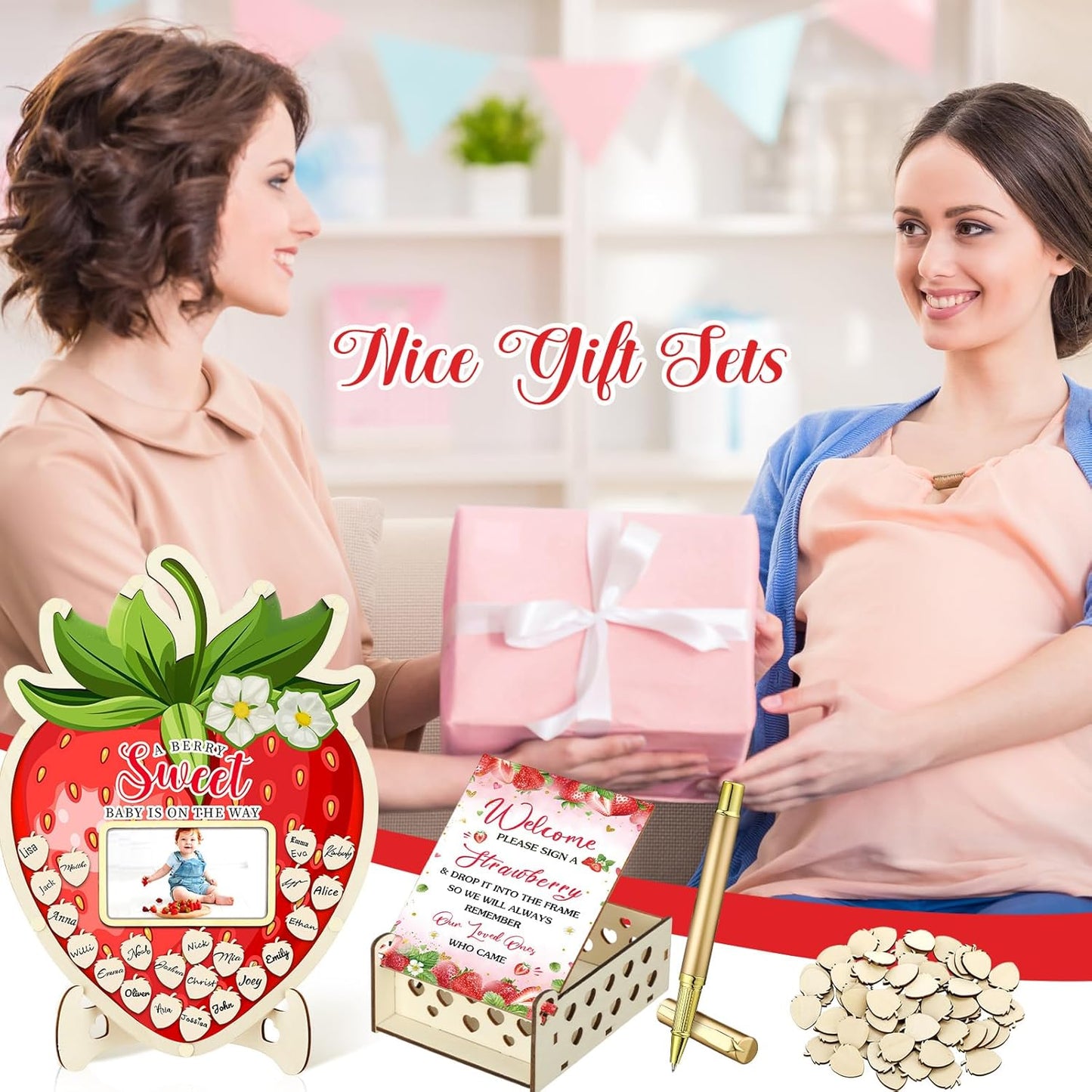 Wenqik 63 Pcs Strawberry Baby Shower Guest Book Alternatives Set Baby Shower Decorations with Photo Frame Sonogram Frame Keepsake 60 Wood Slices Guest Book for Birthday
