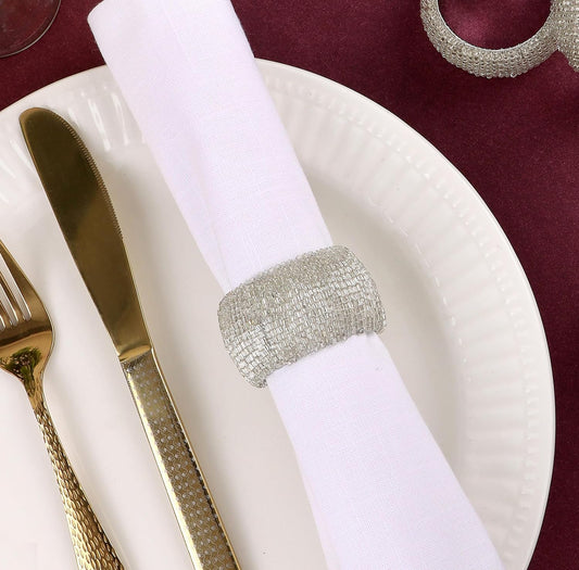 ALPHA Living HOME Beaded Napkin Rings Set of 12- Beaded Napkin Holders for Christmas, Thanksgiving, Holiday Party, Dinner PartyWeddings, Parties, Family Gatherings, and Table Décor - Silver