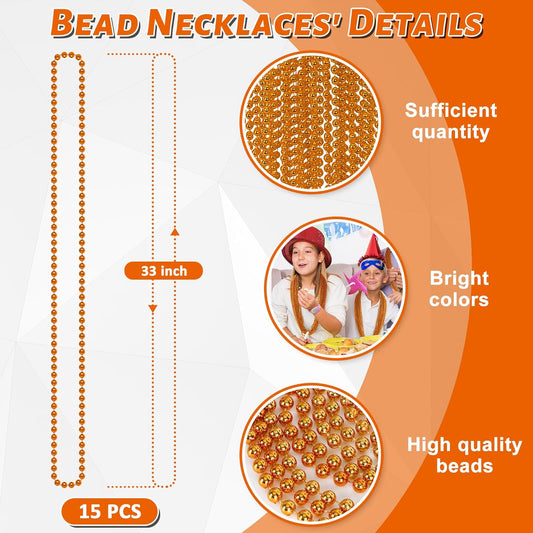 15PCS Bead Necklace, Orange Bead Necklaces Party Favors, 33" Mardi Gras Necklaces Party Parade Supplies, Festival Parade Throw for Mardi Gras Halloween Wedding Celebrations Decorations