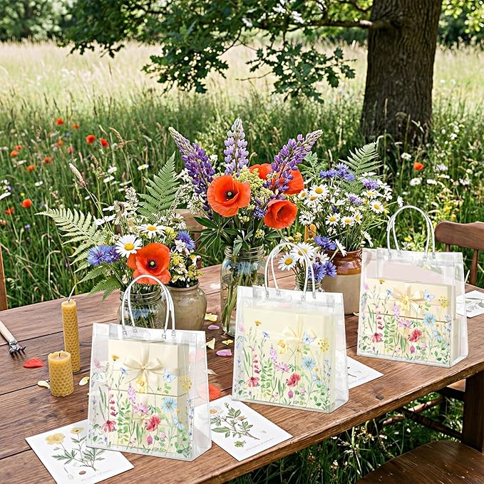 Kacctyen 24 Pcs Gift Bags for Party Favor Clear Goodie Bags with Handle 7.87 x 7.87 x 3.15 Return Gift Wrap Totes for Guests Treat Candy Wrapping(Colorful Wildflowers)