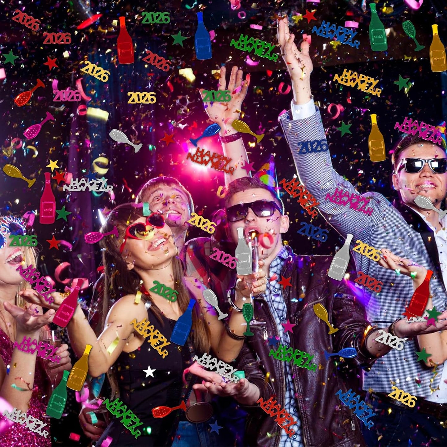 Happy New Year 2026 Confetti, Multicolor Star Wine Bottle Sprinkles Table Scatter Confetti for New Years Eve Decorations