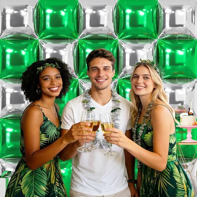 NISOCY 25PCS Green Silver Square Foil Balloons Wall Backdrop Double Sided Silver Green Balloons Arch Kit for Birthday Anniversary Graduation Forest Baby Bridal Shower Kids Party Decorations