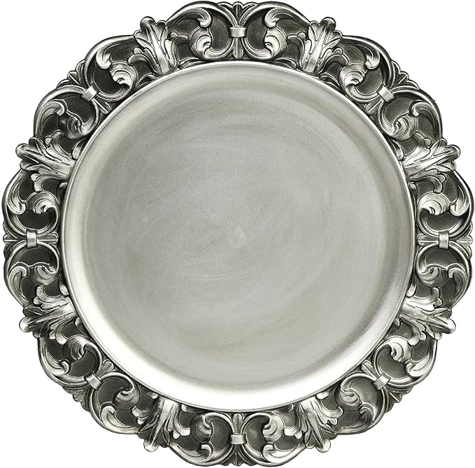 13" Antique Silver Charger Plates, Set of 6 Plastic Textured Chargers for Dinner Plates with Embossed Rim, Table Décor, Party, Wedding, Holiday