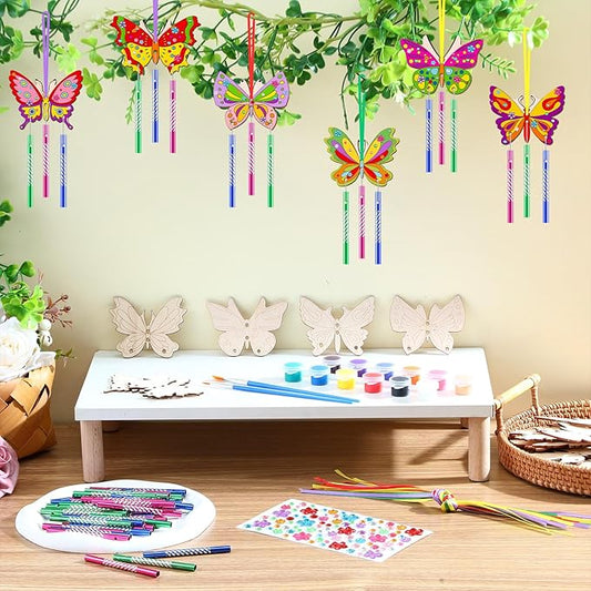 JellyArch 30 Pack Spring Butterfly Wind Chime Making Kit for Adults Make Your Own Wind Chime Butterfly DIY Wooden Crafts Ornaments for Activity Birthday Spring Summer Decoration