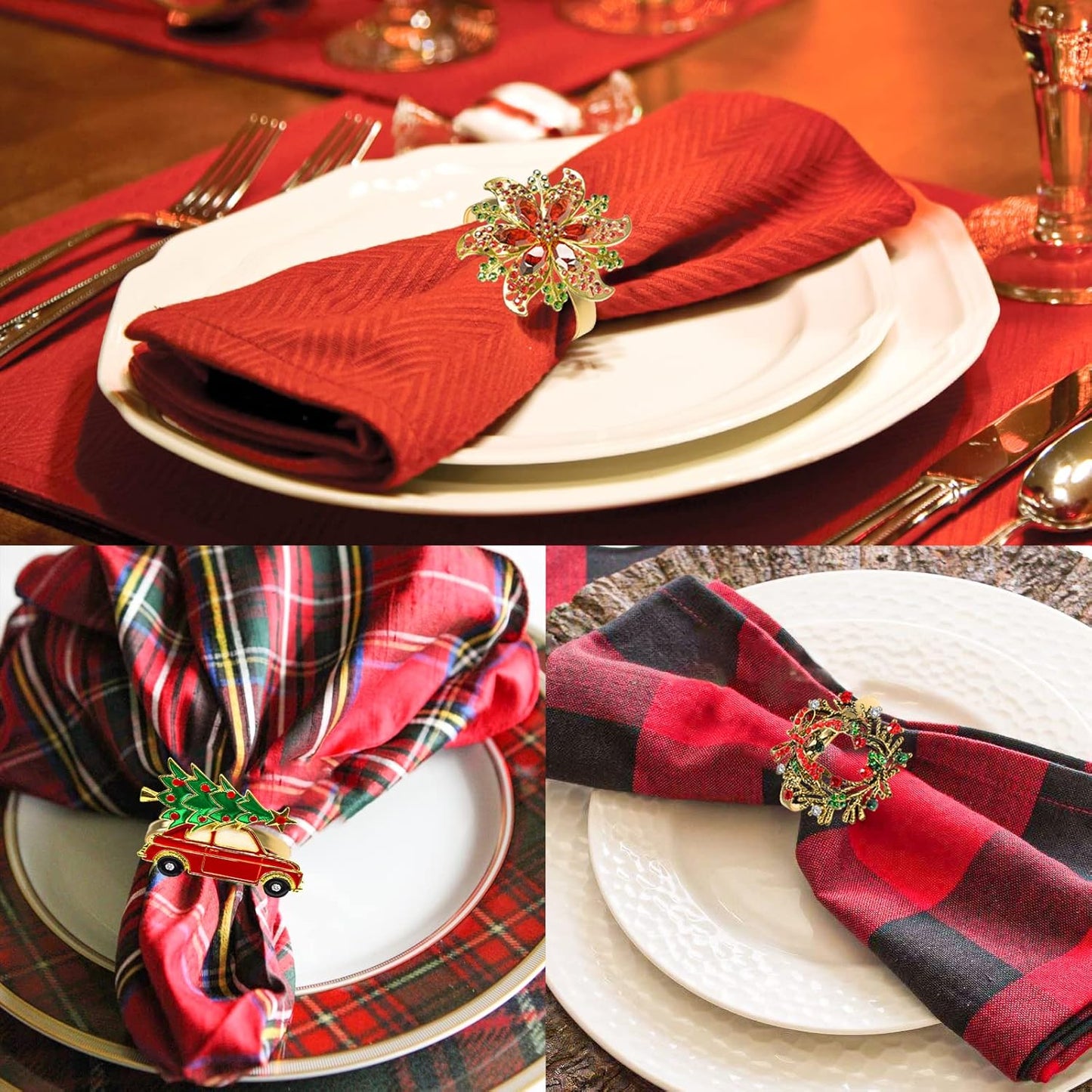 Legigo Set of 8 Christmas Flower Napkin Rings Set for Dinning Table Setting- Red Rhinestone Xmas Winter Napkin Ring Holders for Cloth Napkins, Christmas Holiday Party Dinner Table Decoration