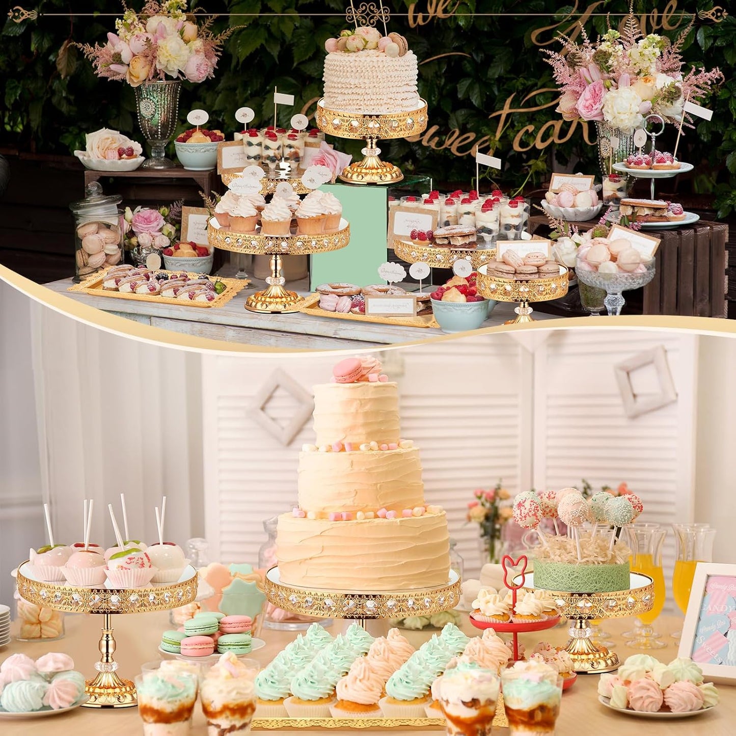 12-Piece Gold Cake Stand Set, Vintage Cake Stand with Crystal Edge and Cupcake Display Tray, Dessert Table Display Set for Wedding Party, Baby Shower, Anniversary Celebration