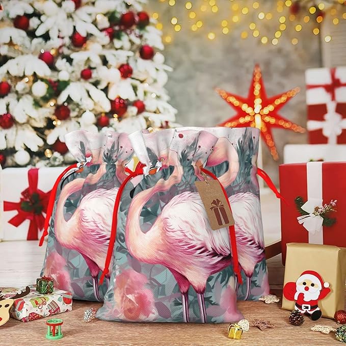 QSMJKLD Drawstring Christmas Gift Bags Vintage Boho Flamingo Florals Gift Bag Burlap Xmas Candy Pouch Reusable Christmas Wrapping Bag Xmas Party Favor Bags for Holiday Wrapping Presents Small