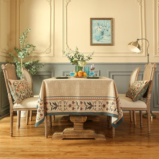 patdrea Designer French Linen Long Tablecloth for Rectangle Table,Beige Anti-Wrinkle Floral Farmhouse Table Cloth,Decor Covers for Kitchen Dining,Tea Party,Christmas,Thanksgiving,63"x102"-Fram