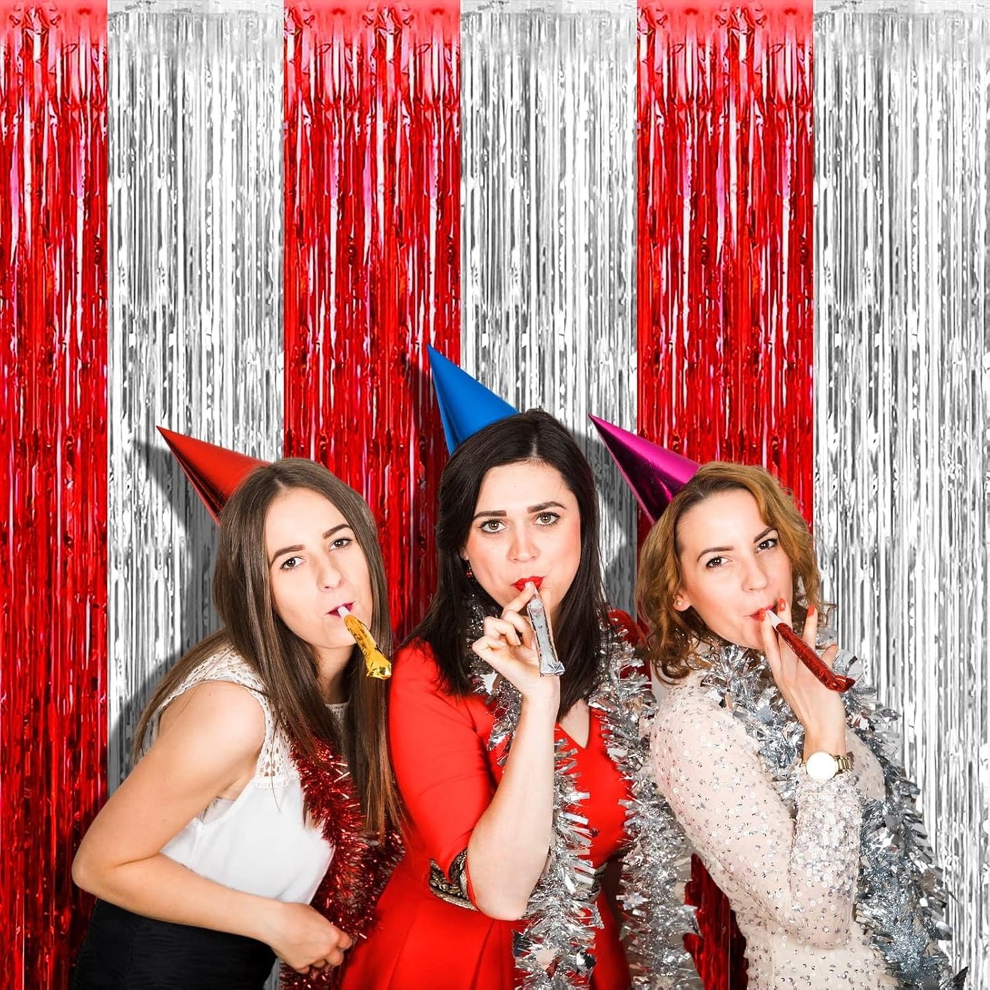 4 Pack 3.2Ft x 6.6Ft Silver Red Foil Fringe Curtain Backdrop, Metallic Tinsel Foil Fringe Streamers Curtains Background for Wedding, Circus Welcome Carnival Birthday Party Decoration New