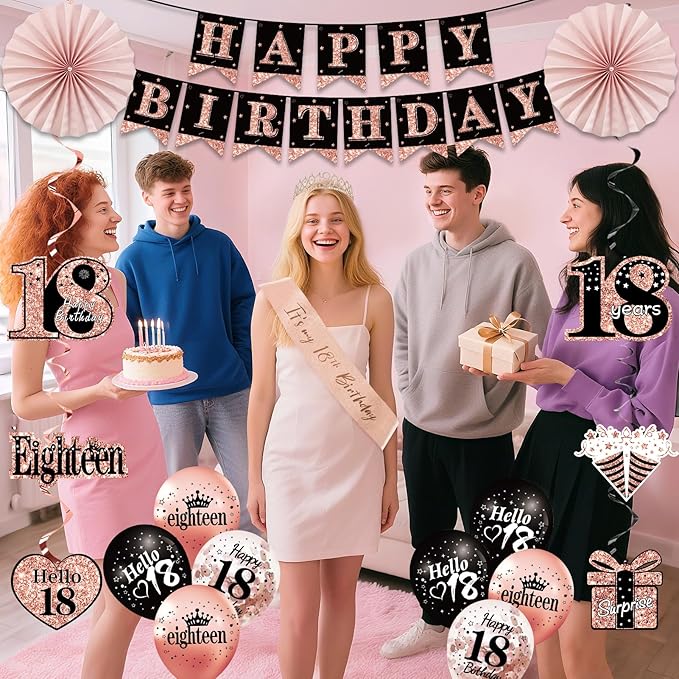 18th Birthday Decorations for Girls, 33pcs Black Rose Gold Happy 18th Birthday Banner 18 Birthday Crown and Sash Balloons Backdrop Hanging Swirls Paper Fans, 18 Years Old Party Supplies Kit