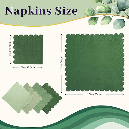 100 Pcs Green Cocktail Napkins Folded 5 x 5 Scalloped Napkins Gradient Color Beverage Napkins Disposable Dessert Napkins for Birthday Party Supplies Wedding