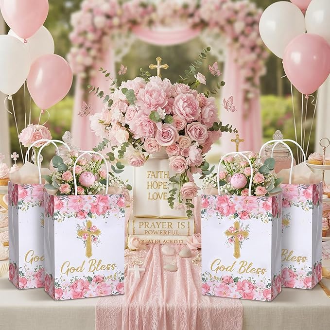 Marspark 24 Pcs Baptism Gift Bags for Guests Cross Floral Paper Gift Bags with Handles God Bless Religious Treat Paper Christian Party Supplies for First Communions Christenings Baptism Easter Wedding