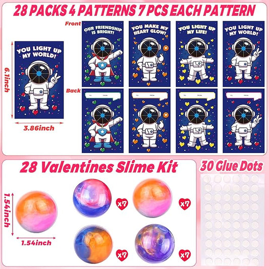 28 Pack Valentines Day Gifts for Kids Classroom, Galaxy Slime Kit Valentines Cards for Kids School Class Valentines Day Slime Fidget Toys Valentines Exchange Cards Valentines Party Favors Boys Girls