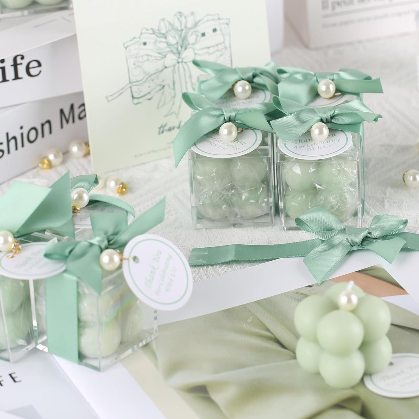 ACITHGL 30 Sets Fully Assembled Small Bubble Candle Party Favors for Guests Bulk Bridal Showers Favors Candles with Stylish Ribbons Thank You Cards Gifts (Green)