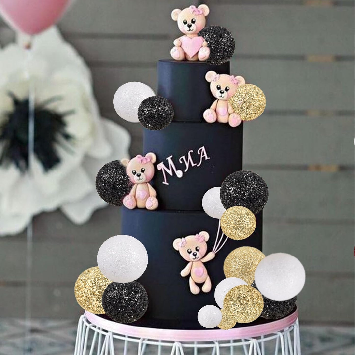 30Pcs Glitter Balls Cake Topper Mini Balloons Cupcake Topper DIY Cake Insert Topper Foam Cake Balls Baking Decoration for Baby Shower Wedding Anniversary Kids Birthday Graduation Party Cake Decorations Gold Black Silver