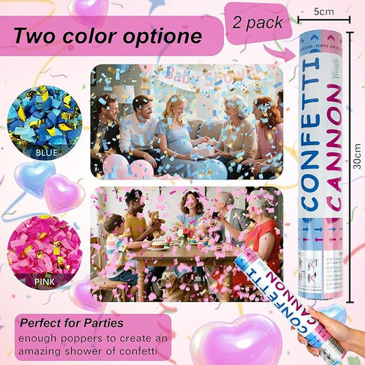 2 Pack Gender Reveal Confetti Cannon, 12 in Pink Rectangle shaped Paper Party Poppers Cannons, Confetti Poppers For Baby Girl Gender Reveal Baby Showers (Rectangle, Pink)