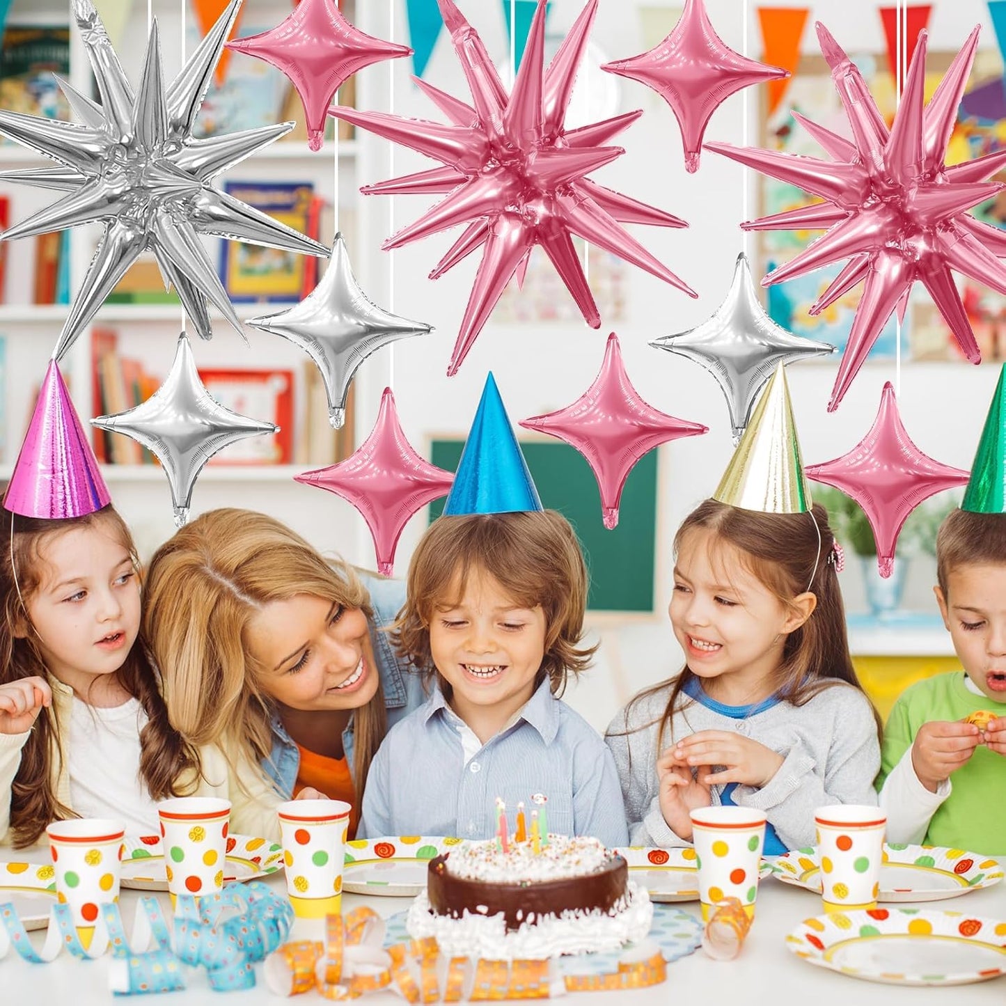 Pink Silver Star Balloon,6Pcs 22Inch Explosion Star Balloons and 10Pcs 10Inch Four Angle Balloons Kit for Birthday Anniversary Baby Shower Wedding Party Decorations