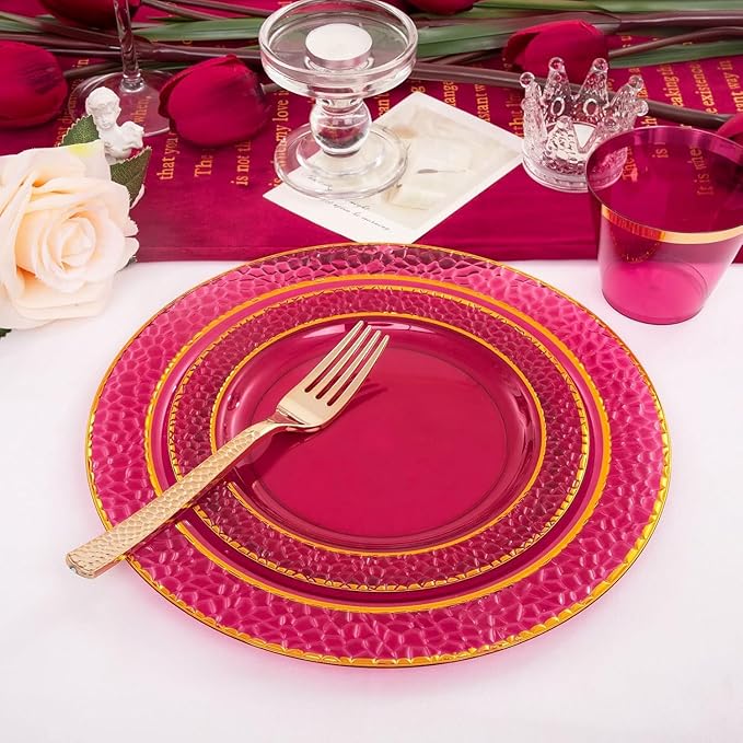 Ciaell 150PCS Clear Red Plastic Plates - Disposable Red and Gold Plates Set include 50Plates, 25Forks, 25Knives, 25Spoons, 25Cups for Wedding & Party & Valentine's Day